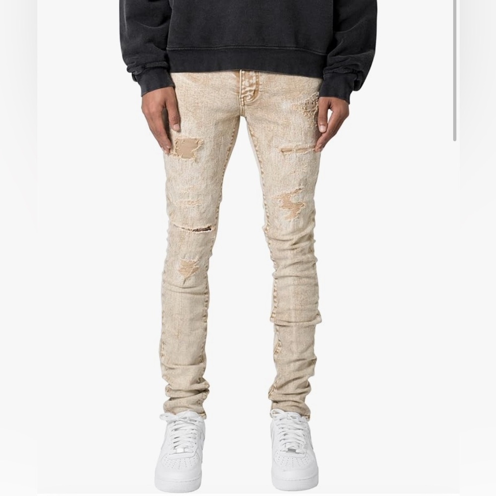 MNML Men's Distressed Tan Jeans skinny